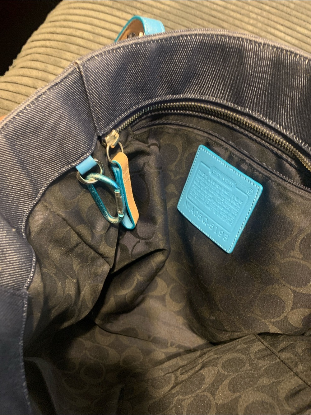 Coach Navy Canvas Tote with Tan Leather Straps and Teal Trim - Picture 3 of 8